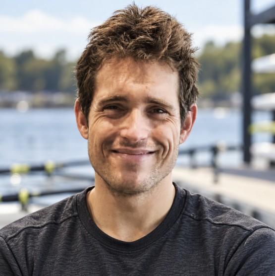 Portrait de Thomas Lory, souriant, au bord d’un bassin d’aviron
